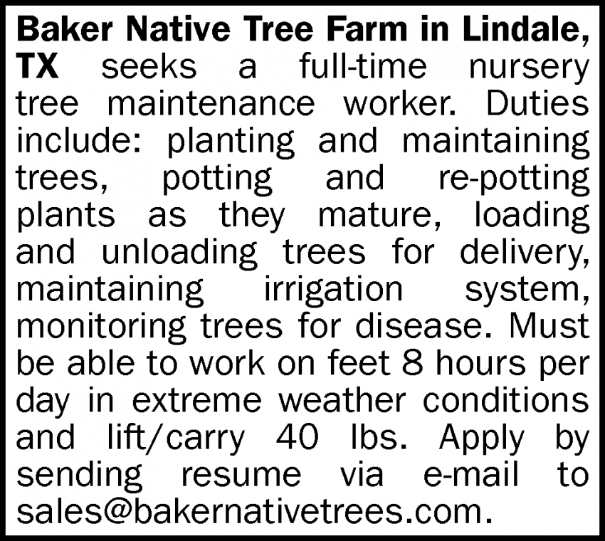Full Time Nursery Tree Maintenance, Baker Native Tree Farm