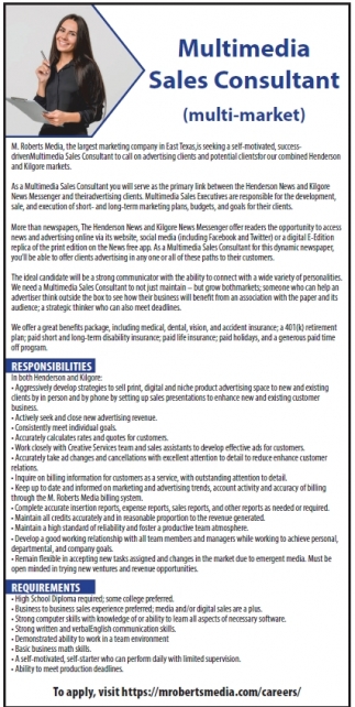 Multimedia Sales Consultant, M. Roberts Media, Longview, TX