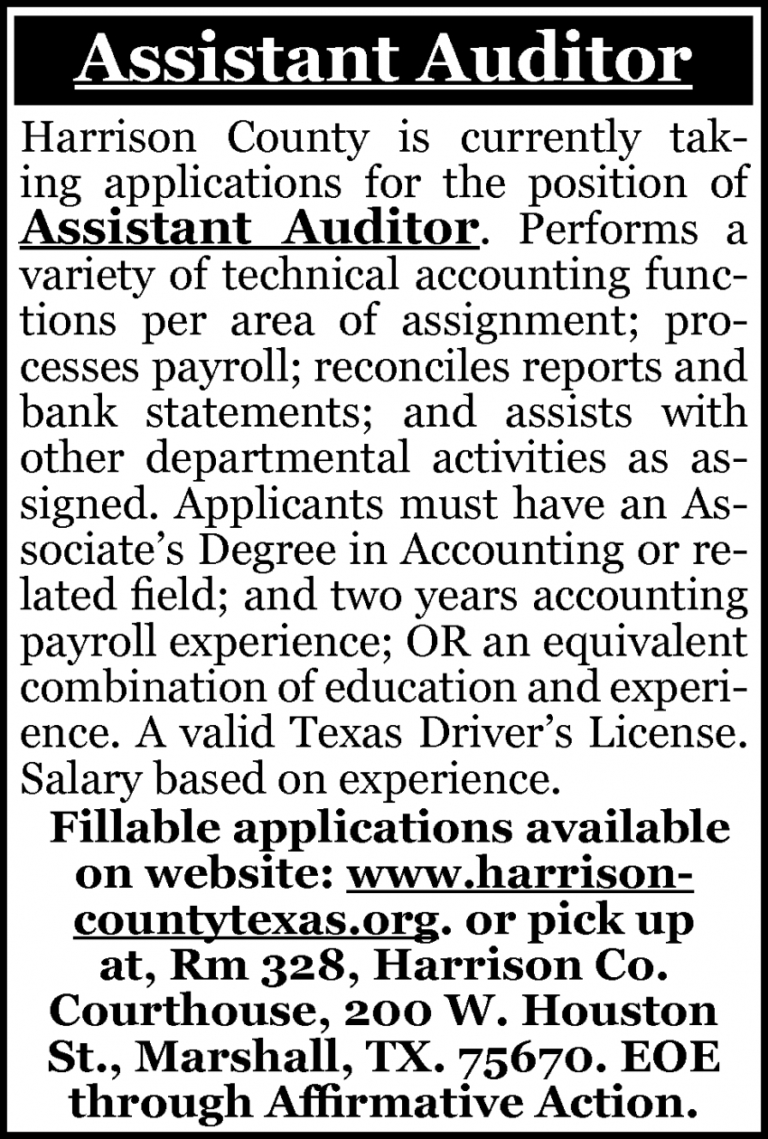 Assistant Auditor, Harrison County, Marshall, TX