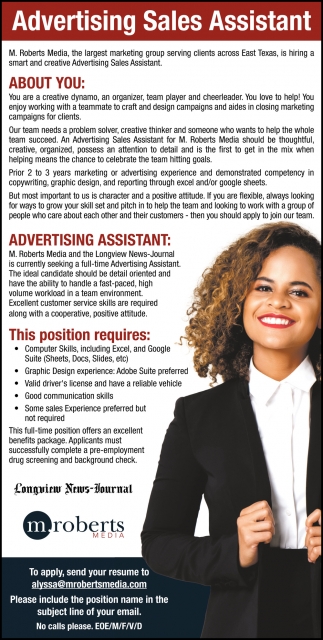 Advertising Sales Assistant M Roberts Media Longview TX Advertising Sales Assistant M Roberts Media Longview TX
